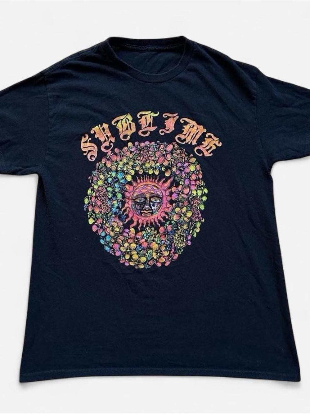 Sublime Black band Graphic Tee with Colorful Floral Sun M
